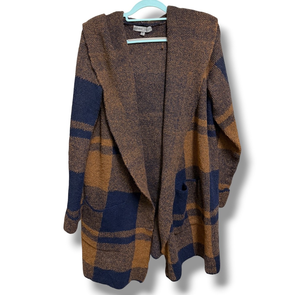 Absolutely Famous Brown Navy Plaid Hooded Open Front Cardigan Sweater 2X Plus - Picture 2 of 6